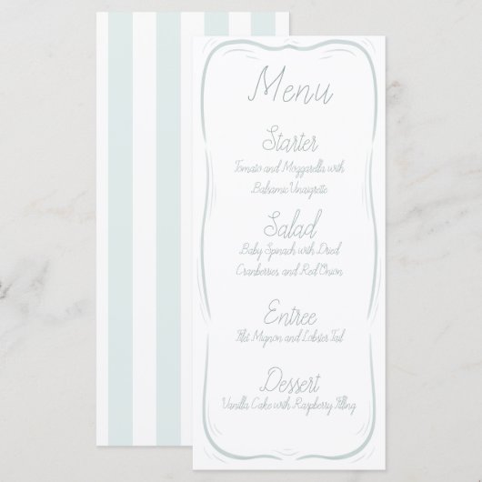 Menu de mariage rayé avec bordure vert mousse de m (Devant / Derrière)