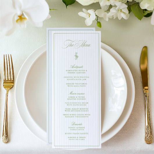 Menu de mariage rayé classique vert sauge et bleu