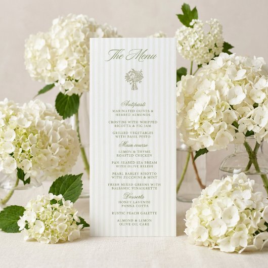Menu de mariage rayé vert sauge et beige classique
