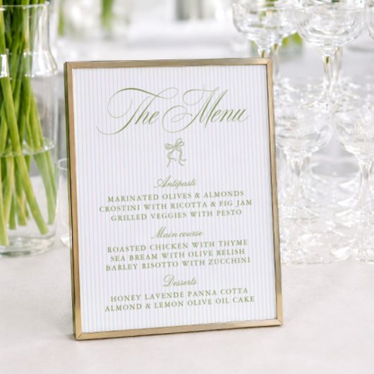 Menu de mariage rayé vert sauge et bleu classique