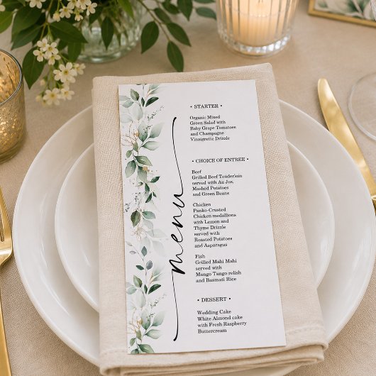 Menu de mariage recto-verso à aquarelle et verdure