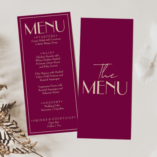 Menu de mariage rétro de luxe vin fin