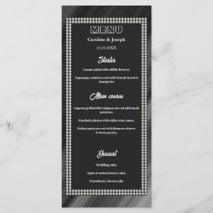 Menu de mariage rétro noir et blanc, perles