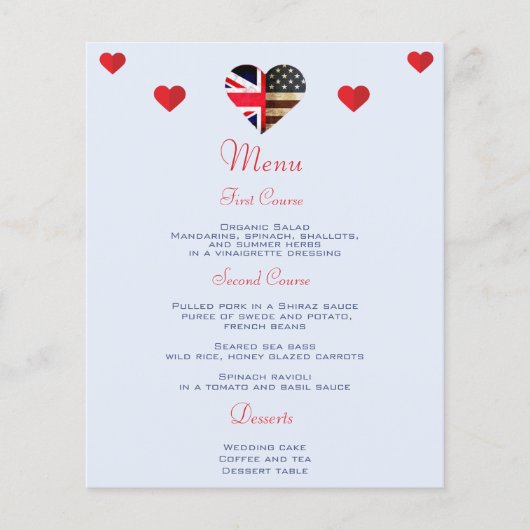 Menu de mariage romantique avec drapeaux britanniq (Devant)