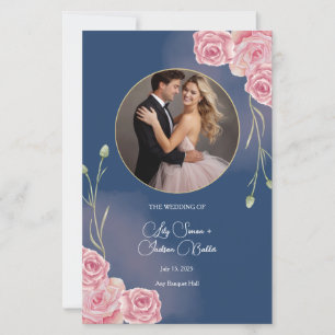Menu de mariage romantique bleu marine et rose blu