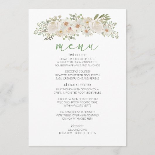 Menu de mariage romantique élégant à fleurs blanch (Devant)