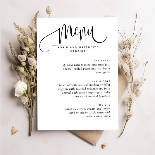 Menu de mariage romantique moderne élégant, script