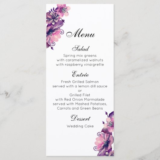 Menu de mariage romantique rose. Menu de dîner vio (Devant)