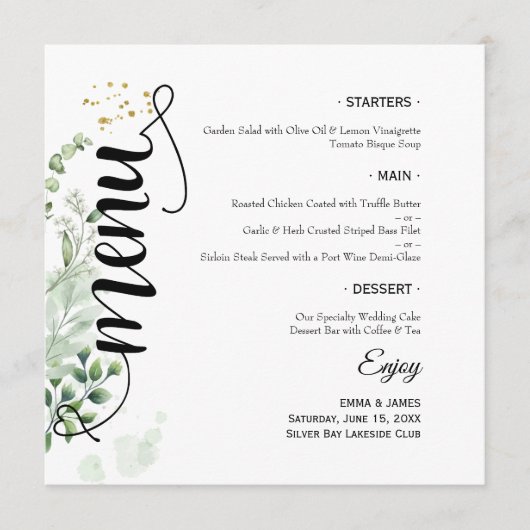 Menu de mariage rond et plat à écriture élégante e (Devant)