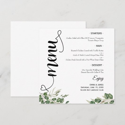 Menu de mariage rond et plat à écriture élégante e (Devant / Derrière)