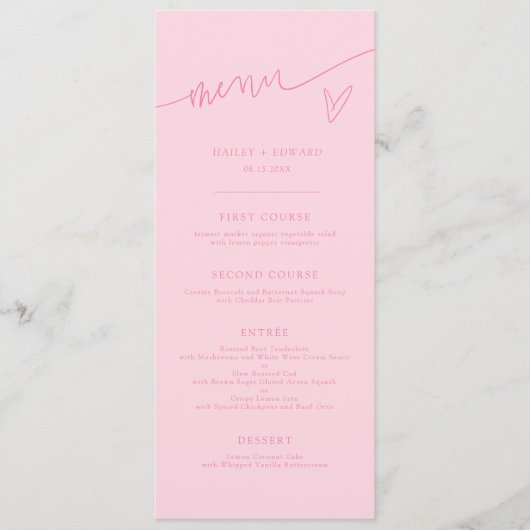 Menu de mariage rose écriture moderne (Devant)