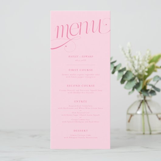 Menu de mariage rose en spirale élégant (Debout devant)