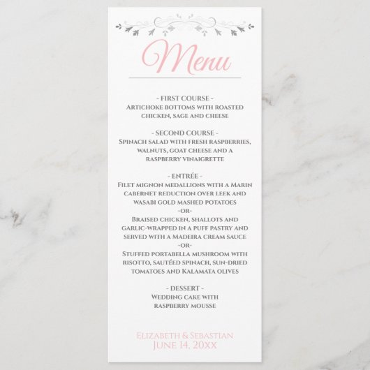 Menu de mariage rose et gris simple et élégant (Devant)