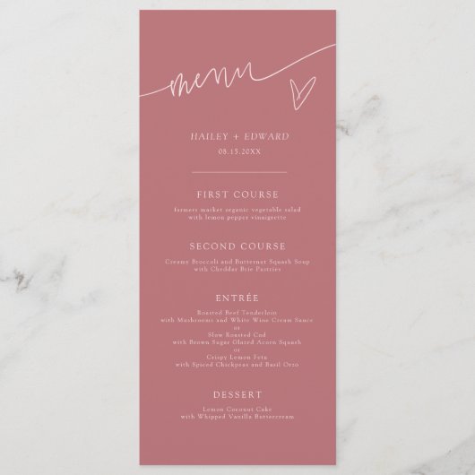 Menu de mariage rose poudré écriture moderne (Devant)