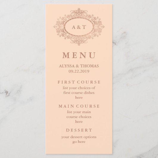 Menu de mariage rose poudré et or rose faux glamou (Devant)