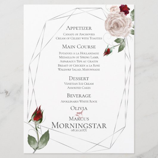 Menu de mariage | Roses d'aquarelle de vin et de v (Devant)