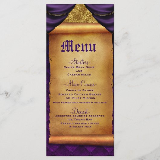 Menu de mariage Rouleau de rideaux dorés pourpre r (Devant)