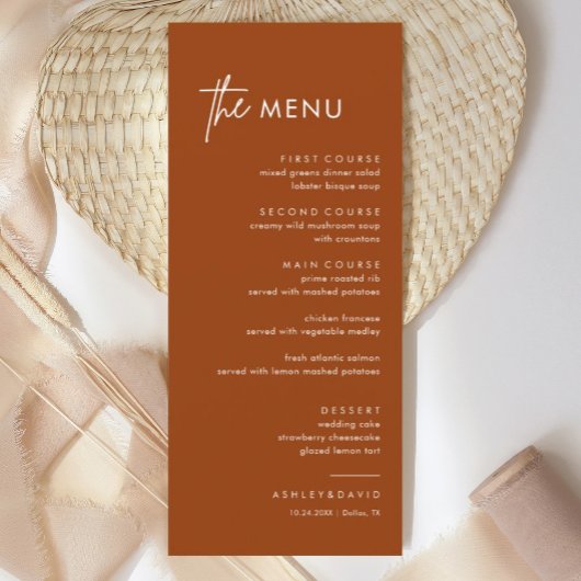 Menu de mariage Rust Terracotta pour le dîner