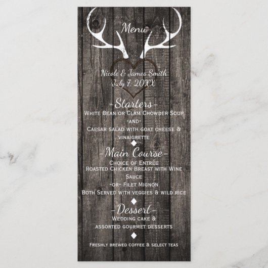 Menu de mariage Rustique bois de cerf et cœur scul (Devant)
