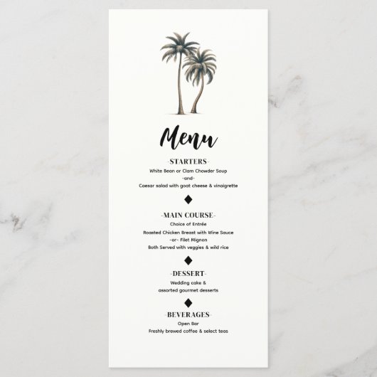 Menu de mariage rustique côtier aux palmiers tropi (Devant)