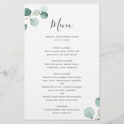 Menu de mariage rustique élégant au eucalyptus sim (Devant)