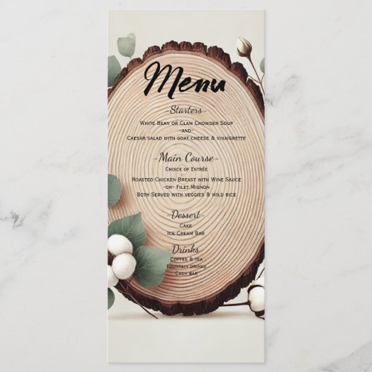 Menu de mariage rustique en bois de forêt eucalypt (Devant)