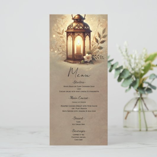 Menu de mariage rustique Lanterne Bronze Dorée (Debout devant)