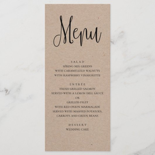 Menu de mariage rustique. Menu de dîner kraft mode (Devant)