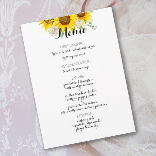 Menu de mariage rustique rose blanche tournesol