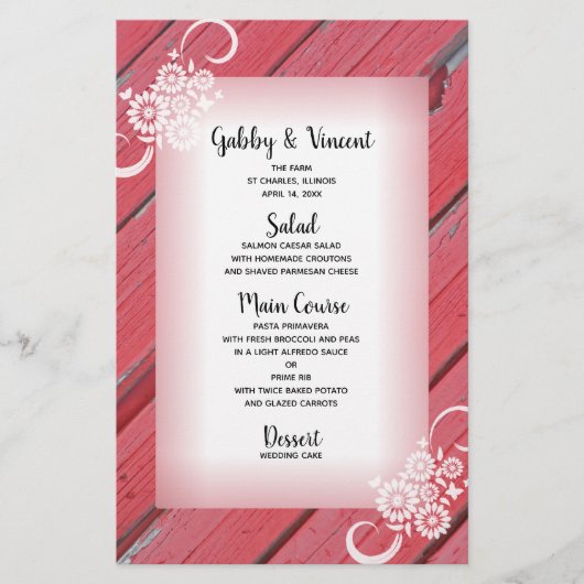 Menu de mariage Rustique Rouge Grange Bois Fleurs (Devant)