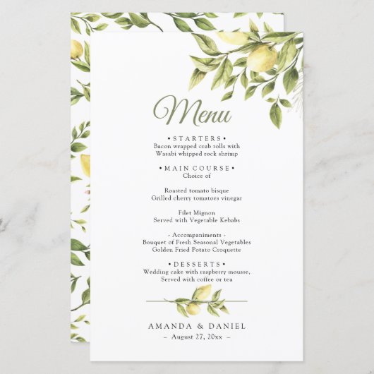 Menu de mariage Rustique Verdure Citrons (Devant / Derrière)