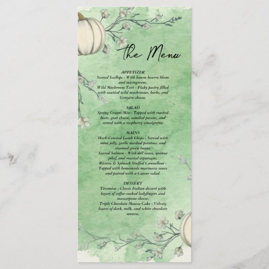 Menu de mariage Rustique Vert Automne Citrouille (Devant)