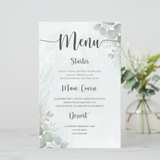 Menu de mariage rustique vert eucalyptus (Debout devant)