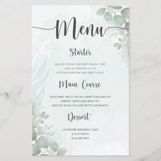 Menu de mariage rustique vert eucalyptus (Devant)