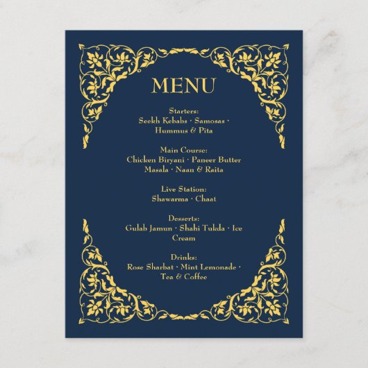 Menu de mariage Sapphire Grace Royal Blue et Or (Devant)