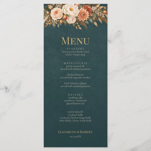 Menu de mariage sarcelle Sorcière de la forêt d'ét (Devant)