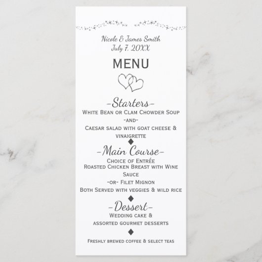 Menu de mariage Silver Hearts & Sparkle Glamour (Devant)