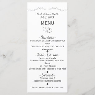 Menu de mariage Silver Hearts & Sparkle Glamour