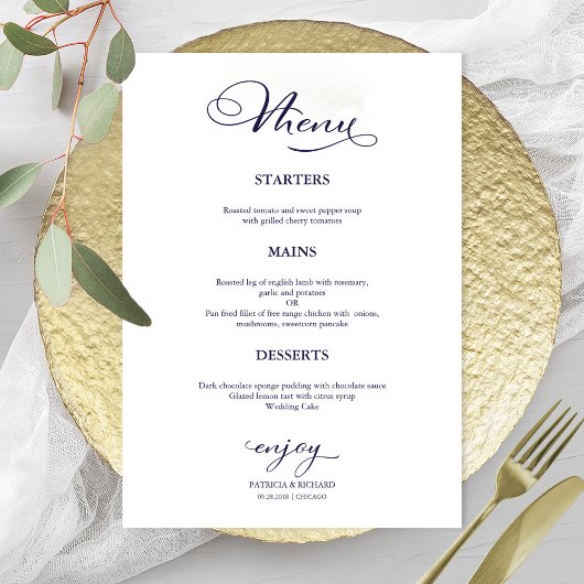 Menu de Mariage Simple Calligraphie Élégante