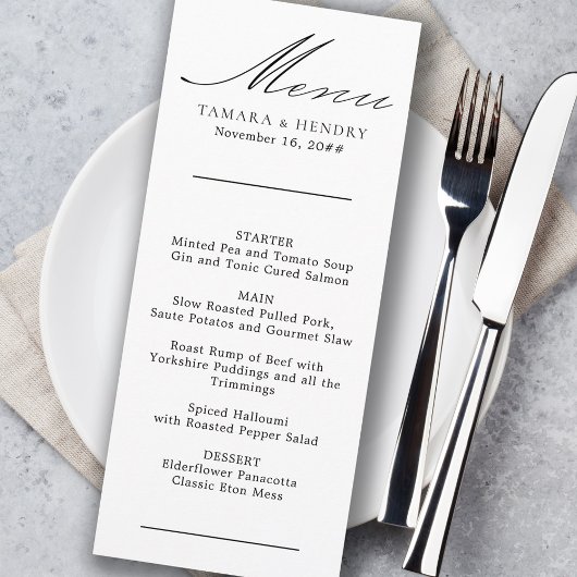 Menu de mariage simple calligraphie noir et blanc