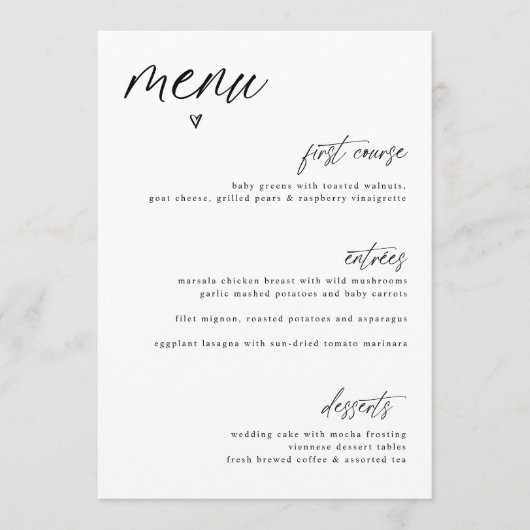 Menu de mariage simple cœur écriture manuscrite mo (Devant)