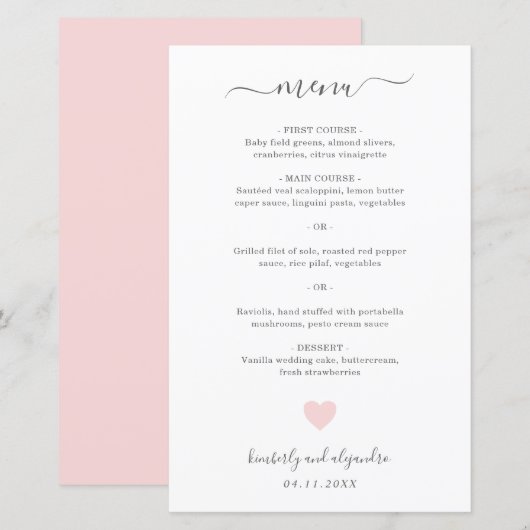 Menu de mariage simple Cœur rose mignon (Devant / Derrière)