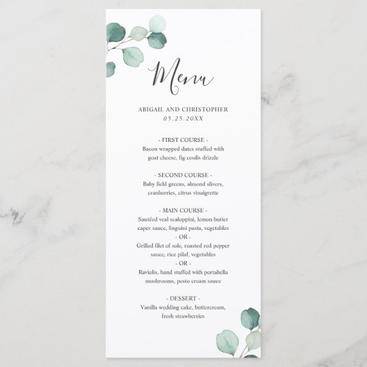 Menu de mariage simple élégant à motif de verdure  (Devant)