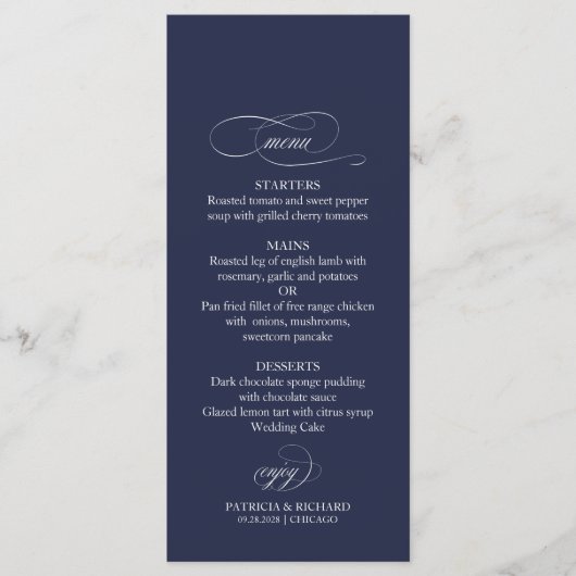 Menu de mariage simple élégant bleu marine 4x9 (Devant)