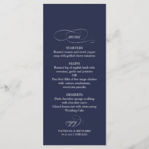 Menu de mariage simple élégant bleu marine 4x9