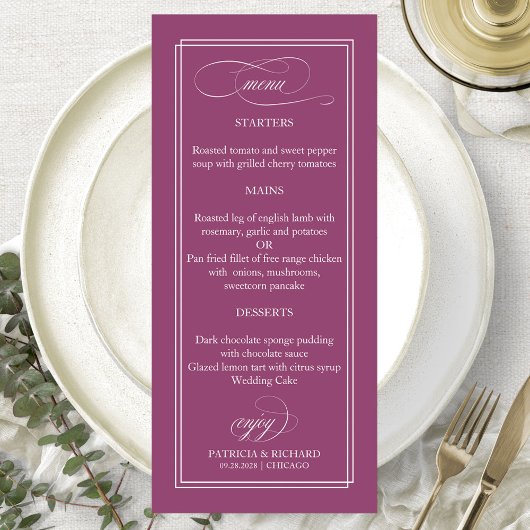 Menu de mariage simple élégant Pink Cassis 4x9