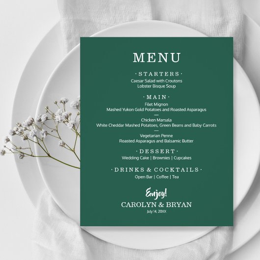 Menu de mariage simple élégant vert émeraude