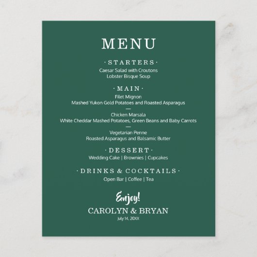 Menu de mariage simple élégant vert émeraude (Devant)