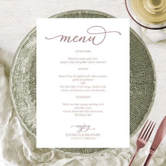 Menu de mariage simple en écriture dorée rose