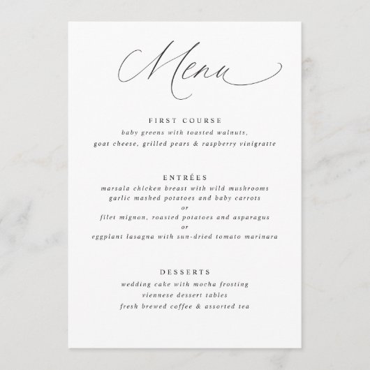 Menu de mariage simple et élégant à calligraphie d (Devant)